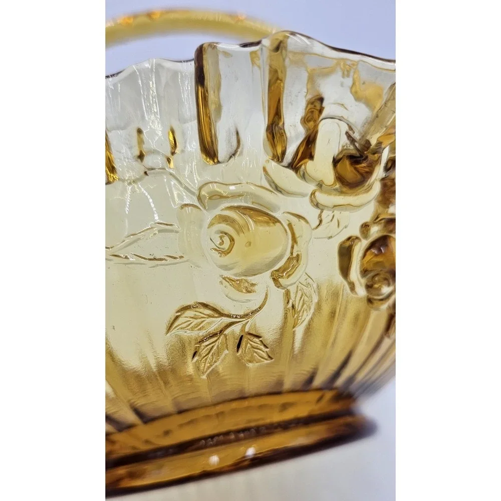 Vintage Amber Pressed Glass Basket Ruffled Edges Roses Applied Handle